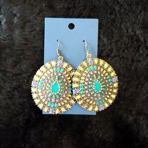 Painted Hammered Metal Earrings, Fish Hook, Turquoise, Gold, Purple